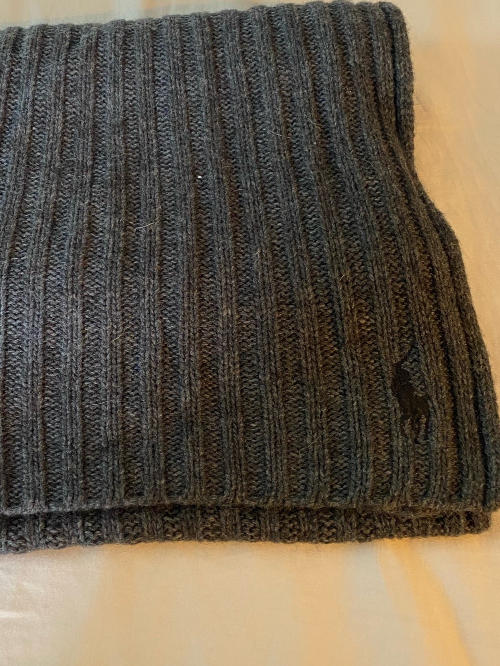 Polo Ralph Lauren Scarf Mens Wool Blend Logo Gray Ribbed Classic Winter 11x72”